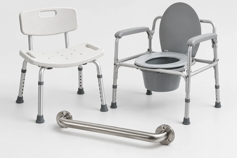 Bathroom safety equipment including a shower chair, commode, and grab bar